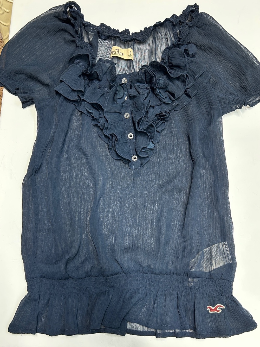 Hollister Navy Ruffled Sheer Short-Sleeve Blouse
